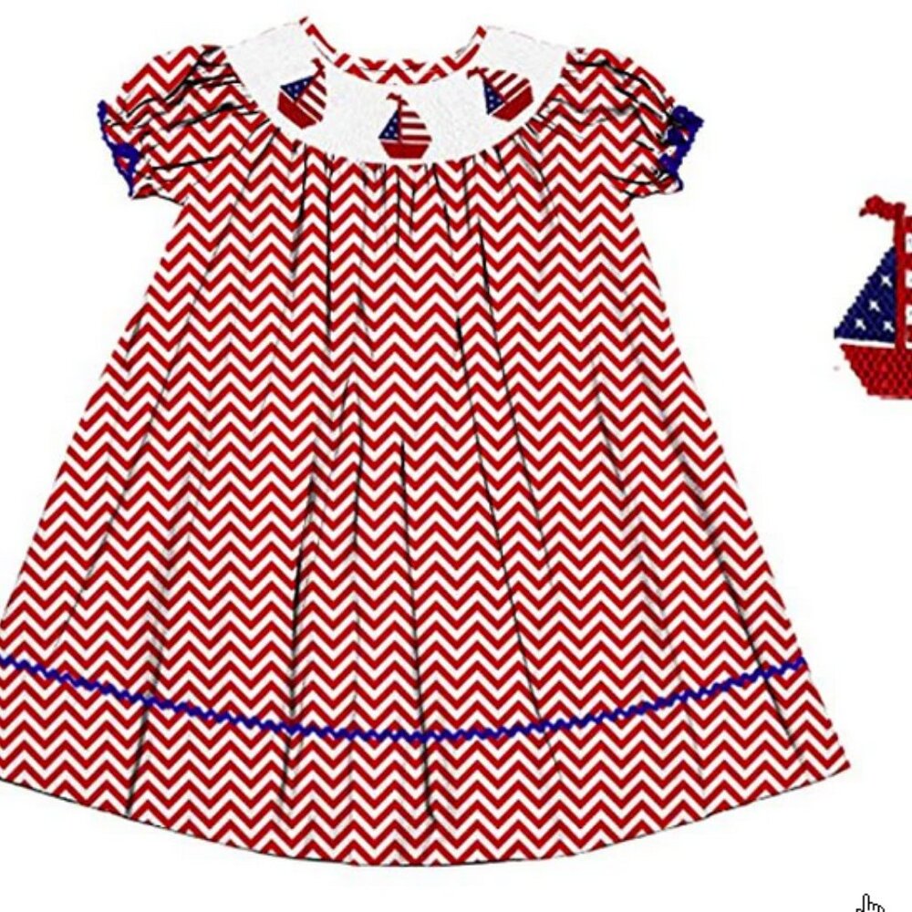 Dana Kids Happy July Fourth Sailboats Hand Smocked Girl Dress-CLEARANCE